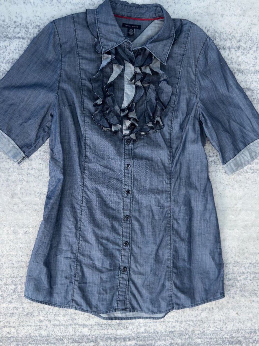 Tommy Hilfiger Vintage Chambray Denim Ruffle Blouse Top Size XL